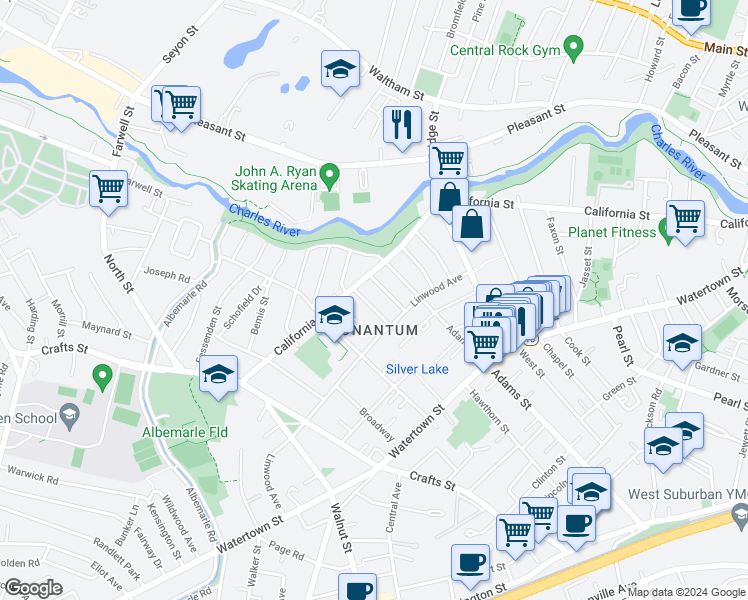 map of restaurants, bars, coffee shops, grocery stores, and more near in Newton