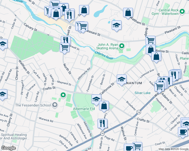 map of restaurants, bars, coffee shops, grocery stores, and more near 51 Fessenden Street in Newton