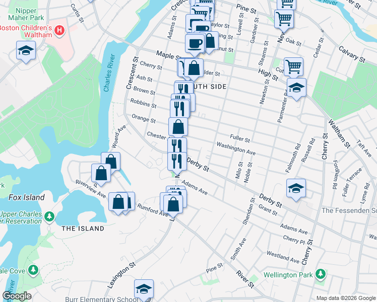 map of restaurants, bars, coffee shops, grocery stores, and more near 24 Derby Street in Waltham
