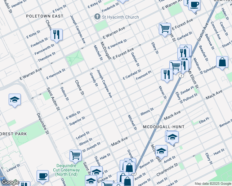 map of restaurants, bars, coffee shops, grocery stores, and more near 4184 Joseph Campau Avenue in Detroit