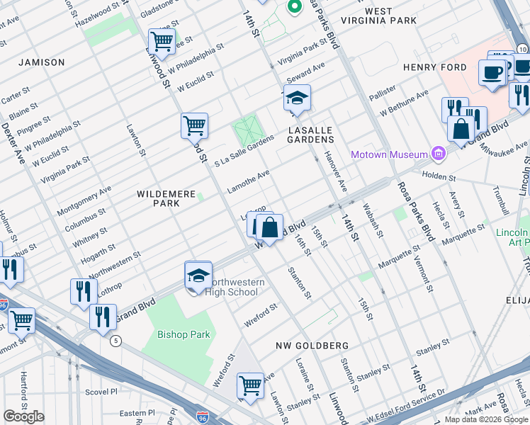 map of restaurants, bars, coffee shops, grocery stores, and more near 2353 West Grand Boulevard in Detroit