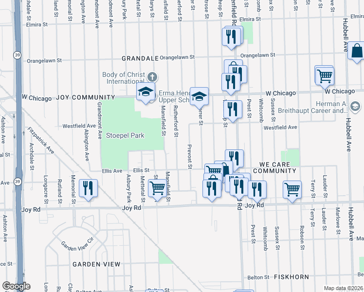 map of restaurants, bars, coffee shops, grocery stores, and more near 9150 Rutherford Street in Detroit
