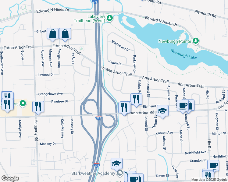 map of restaurants, bars, coffee shops, grocery stores, and more near 39571 Greenview Place in Plymouth