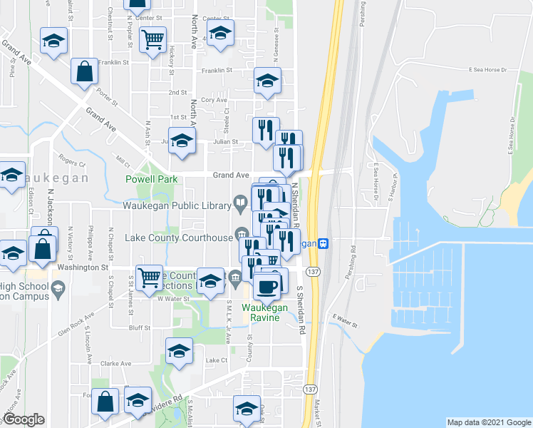 map of restaurants, bars, coffee shops, grocery stores, and more near 113 North Genesee Street in Waukegan