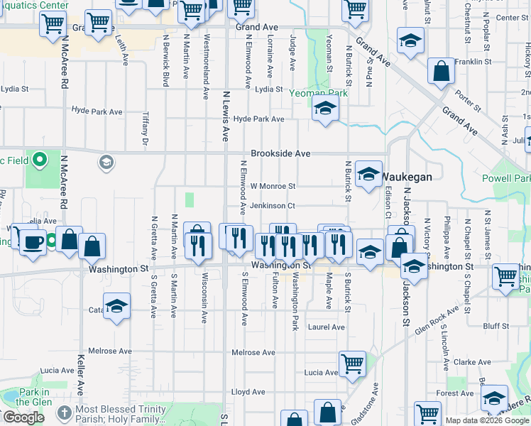 map of restaurants, bars, coffee shops, grocery stores, and more near 103 Burton Avenue in Waukegan
