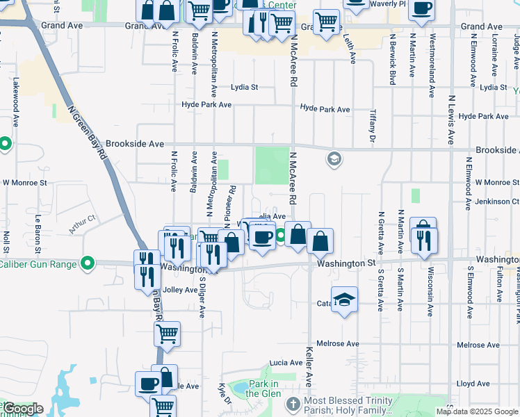 map of restaurants, bars, coffee shops, grocery stores, and more near 2629 West Cornelia Avenue in Waukegan