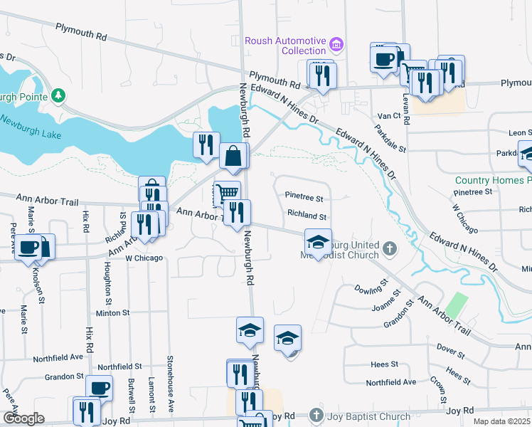map of restaurants, bars, coffee shops, grocery stores, and more near in Livonia