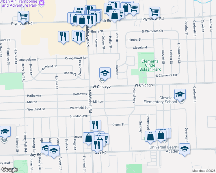 map of restaurants, bars, coffee shops, grocery stores, and more near 28996 Hathaway in Livonia