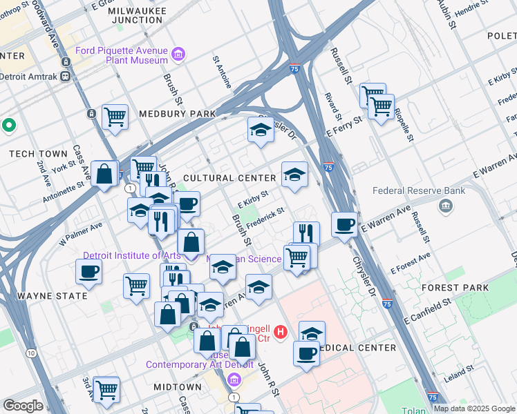 map of restaurants, bars, coffee shops, grocery stores, and more near 5336 Beaubien Street in Detroit