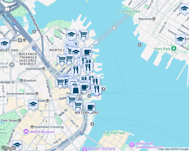 map of restaurants, bars, coffee shops, grocery stores, and more near 55 Commercial Wharf in Boston