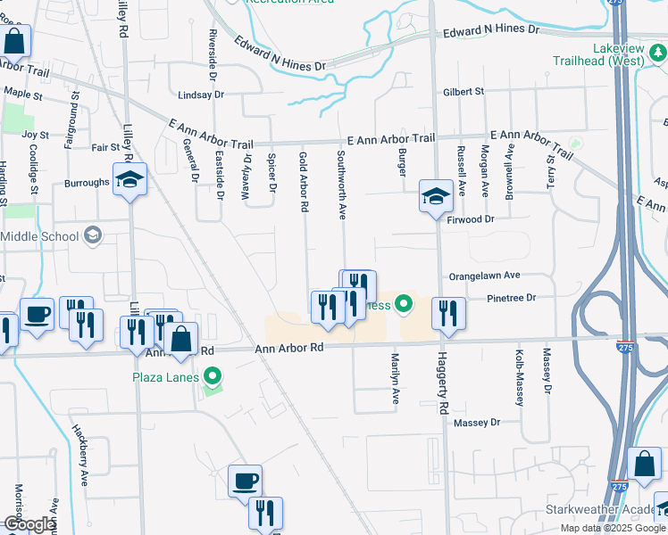 map of restaurants, bars, coffee shops, grocery stores, and more near 9670 Southworth Avenue in Plymouth