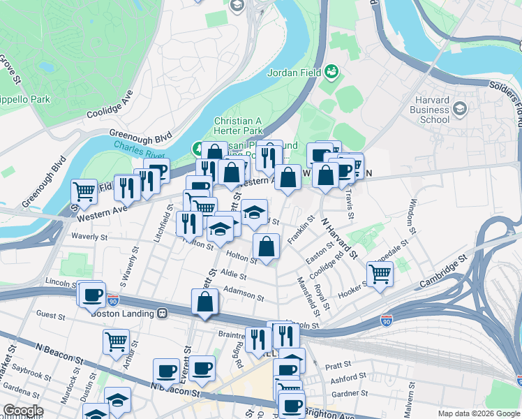 map of restaurants, bars, coffee shops, grocery stores, and more near 17 Raymond Street in Boston