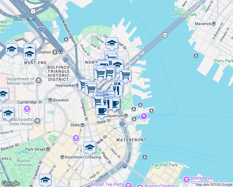 map of restaurants, bars, coffee shops, grocery stores, and more near 47 Fulton Street in Boston