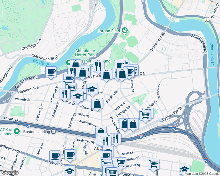 map of restaurants, bars, coffee shops, grocery stores, and more near 158-160 Franklin Street in Boston