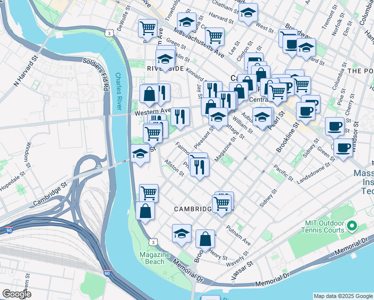 map of restaurants, bars, coffee shops, grocery stores, and more near 25 Fairmont Street in Cambridge
