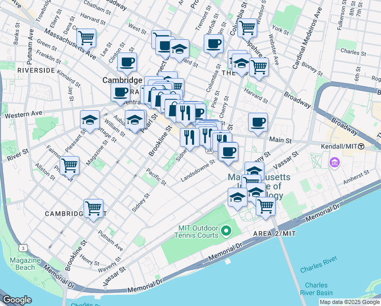 map of restaurants, bars, coffee shops, grocery stores, and more near 38 Sidney Street in Cambridge