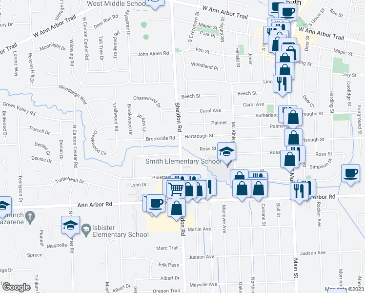 map of restaurants, bars, coffee shops, grocery stores, and more near 44403 Clare Boulevard in Plymouth