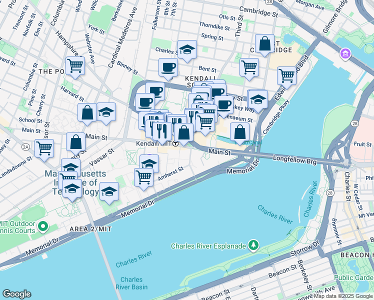 map of restaurants, bars, coffee shops, grocery stores, and more near 238 Main Street in Cambridge