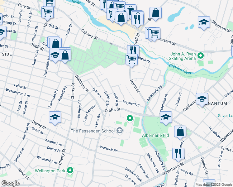 map of restaurants, bars, coffee shops, grocery stores, and more near 49 Morrill Street in Newton
