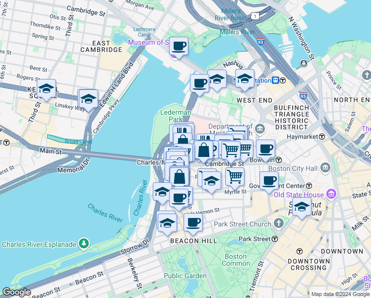 map of restaurants, bars, coffee shops, grocery stores, and more near 215 Charles Street in Boston