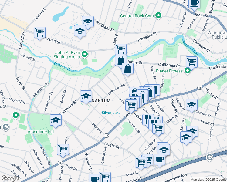 map of restaurants, bars, coffee shops, grocery stores, and more near 57 Adams Street in Newton