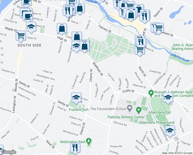 map of restaurants, bars, coffee shops, grocery stores, and more near 19 Fordham Road in Newton