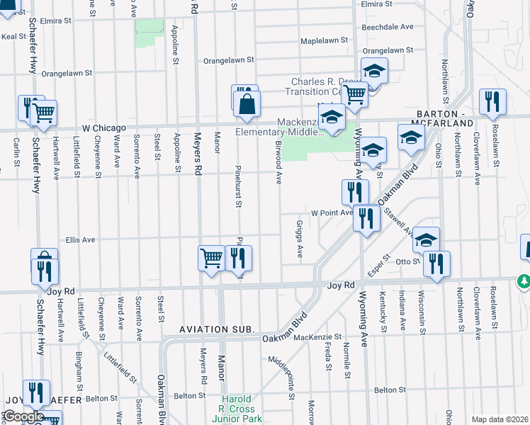 map of restaurants, bars, coffee shops, grocery stores, and more near 9125 Mendota Street in Detroit