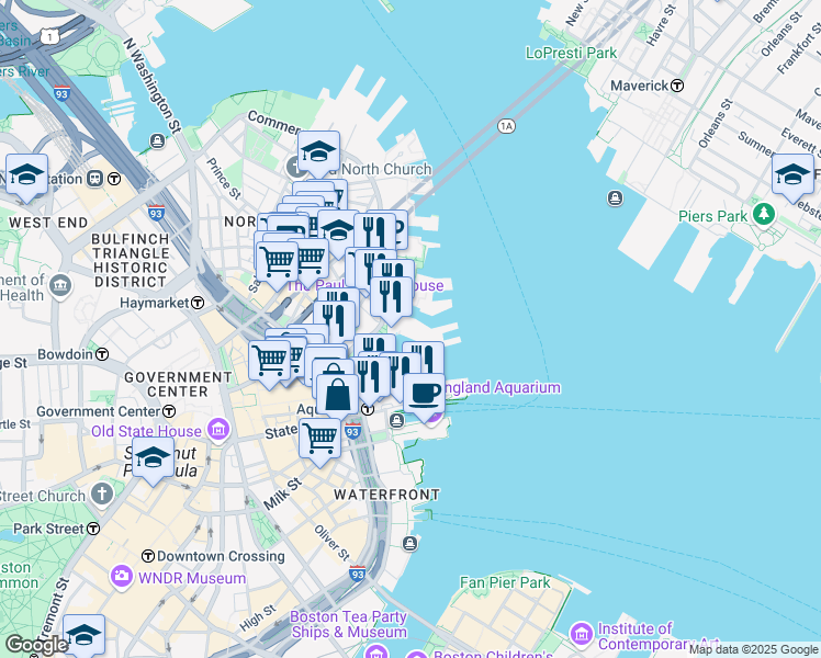 map of restaurants, bars, coffee shops, grocery stores, and more near 55 Commercial Wharf in Boston