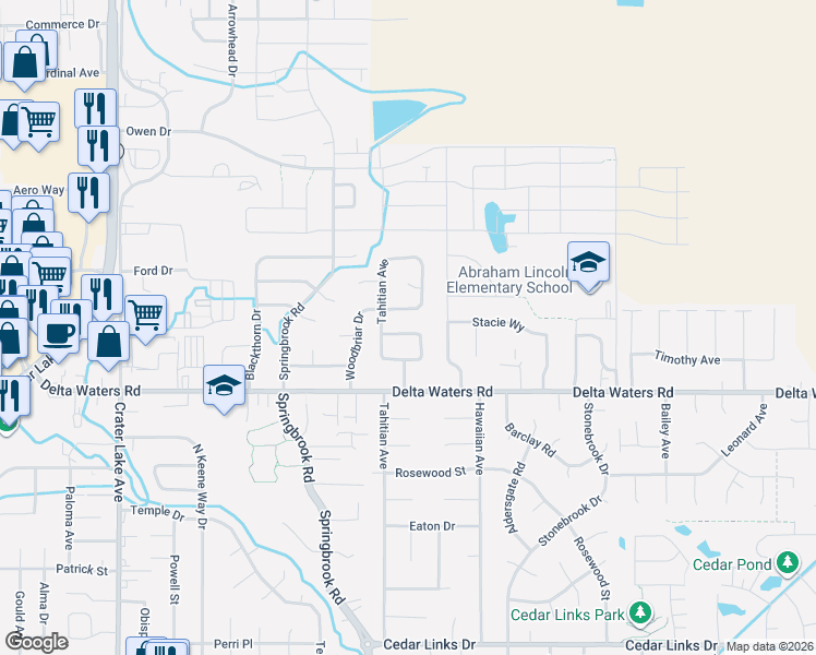 map of restaurants, bars, coffee shops, grocery stores, and more near 3071 Acacia Way in Medford