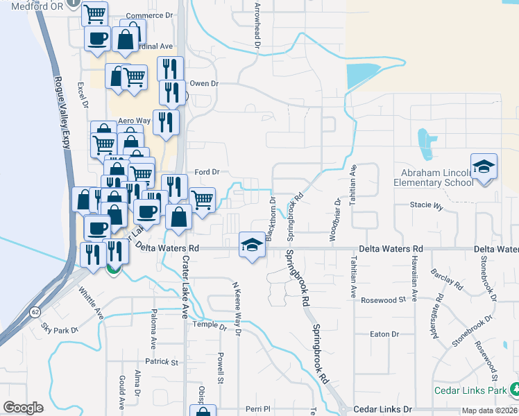 map of restaurants, bars, coffee shops, grocery stores, and more near 2250 Smokethorn Way in Medford