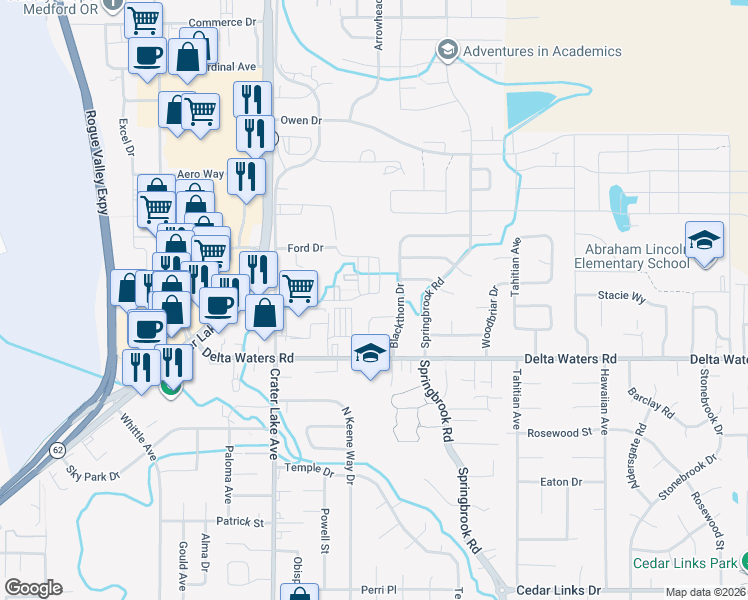 map of restaurants, bars, coffee shops, grocery stores, and more near 2250 Smokethorn Way in Medford