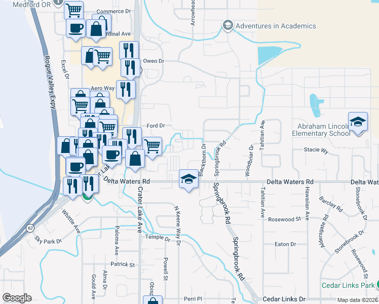 map of restaurants, bars, coffee shops, grocery stores, and more near 2250 Smokethorn Way in Medford