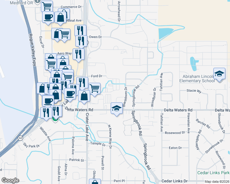 map of restaurants, bars, coffee shops, grocery stores, and more near 2250 Smokethorn Way in Medford