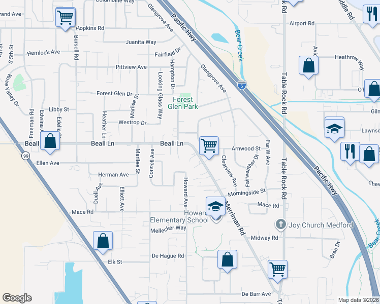 map of restaurants, bars, coffee shops, grocery stores, and more near 3090 Circle Wood Drive in Medford