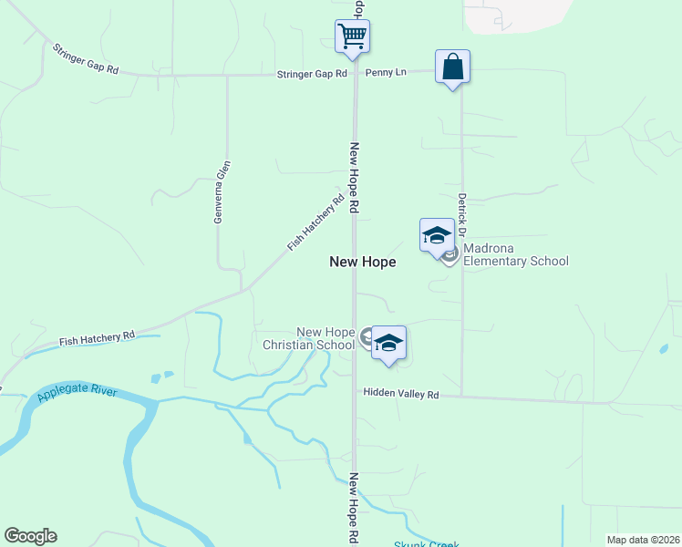 map of restaurants, bars, coffee shops, grocery stores, and more near 5764 New Hope Road in Grants Pass