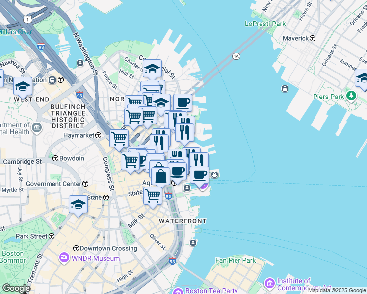 map of restaurants, bars, coffee shops, grocery stores, and more near 55 Commercial Wharf in Boston