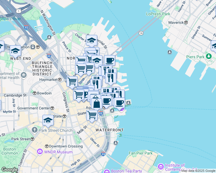 map of restaurants, bars, coffee shops, grocery stores, and more near 55 Commercial Wharf in Boston