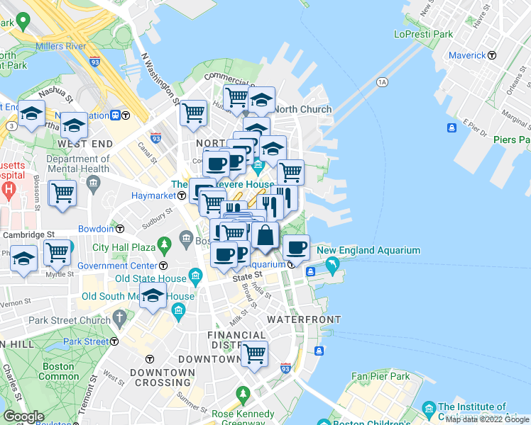 map of restaurants, bars, coffee shops, grocery stores, and more near 47 Fulton Street in Boston
