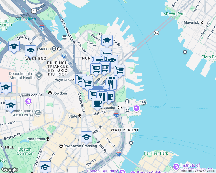 map of restaurants, bars, coffee shops, grocery stores, and more near 74-76 Commercial Street in Boston