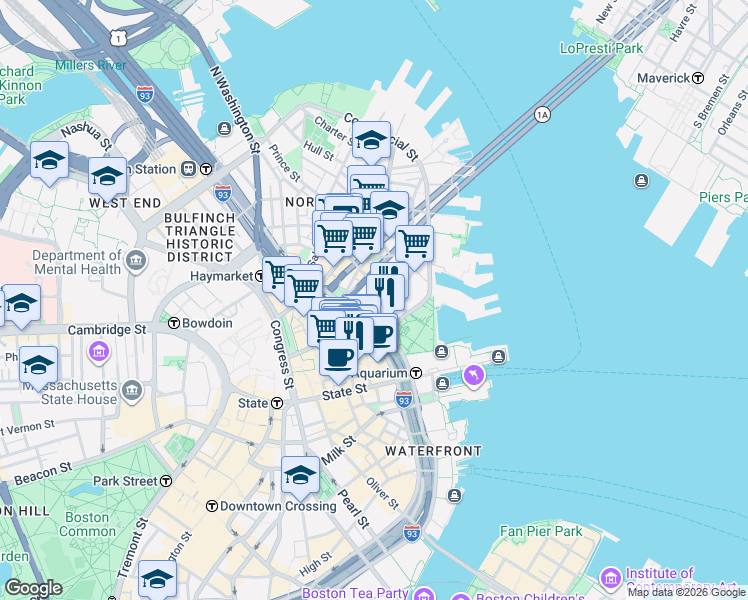 map of restaurants, bars, coffee shops, grocery stores, and more near 47 Fulton Street in Boston