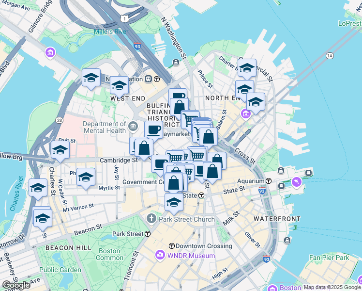 map of restaurants, bars, coffee shops, grocery stores, and more near 25 Sudbury Street in Boston