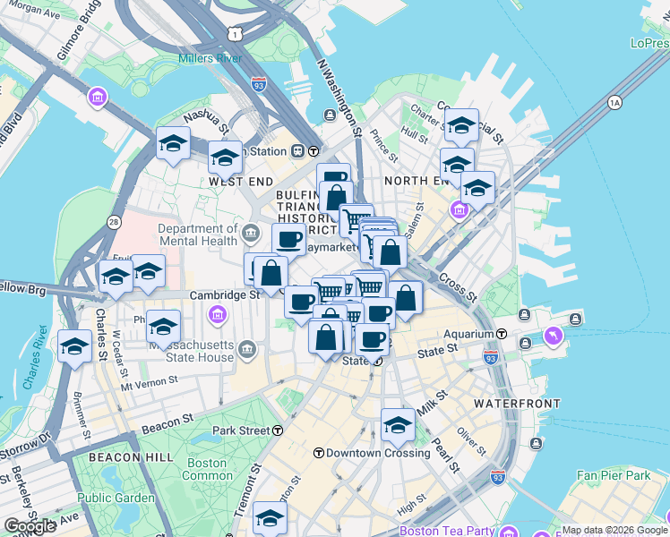 map of restaurants, bars, coffee shops, grocery stores, and more near 25 Sudbury Street in Boston