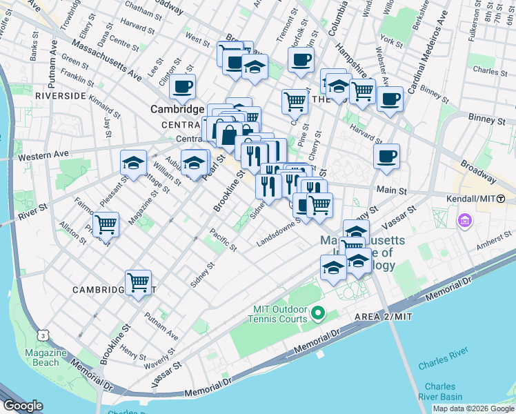 map of restaurants, bars, coffee shops, grocery stores, and more near 55 Franklin Street in Cambridge