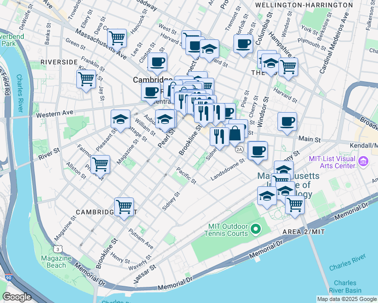map of restaurants, bars, coffee shops, grocery stores, and more near 42 Pilgrim Street in Cambridge