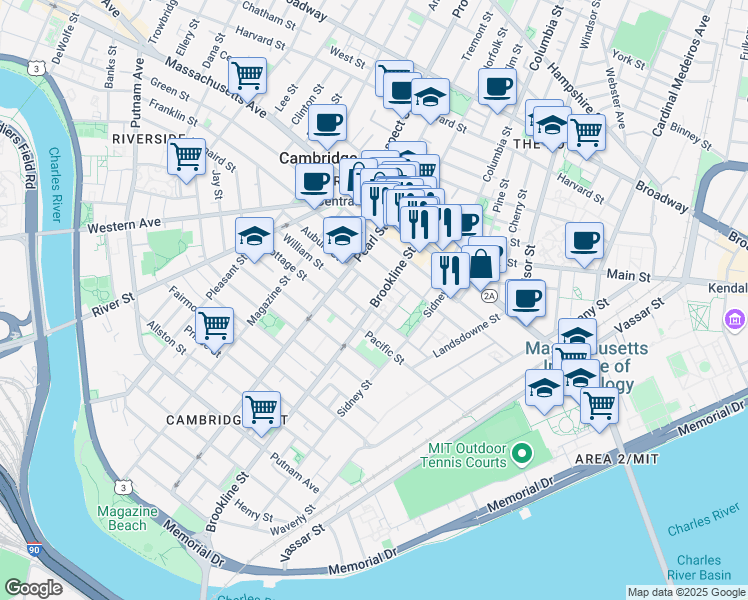 map of restaurants, bars, coffee shops, grocery stores, and more near 42 Pilgrim Street in Cambridge
