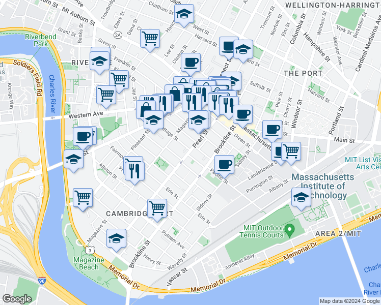 map of restaurants, bars, coffee shops, grocery stores, and more near 31 Decatur Street in Cambridge