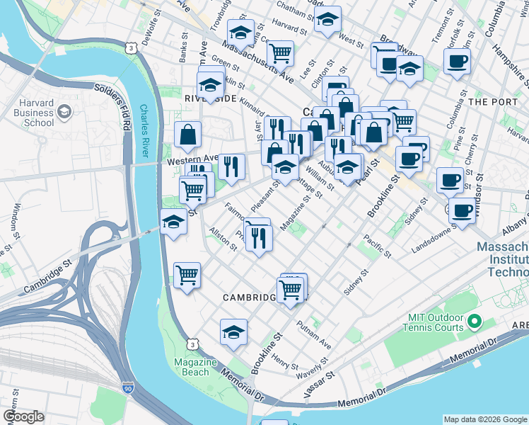 map of restaurants, bars, coffee shops, grocery stores, and more near in Cambridge