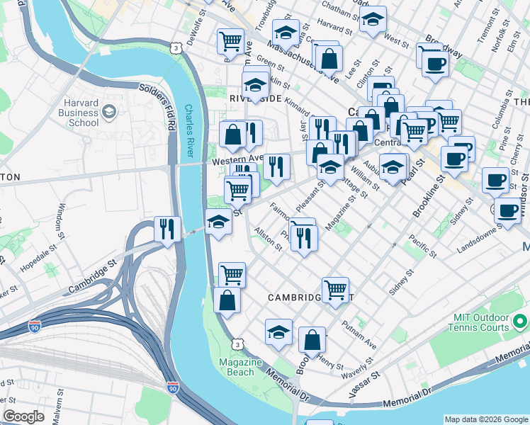 map of restaurants, bars, coffee shops, grocery stores, and more near 25 Andrew Street in Cambridge