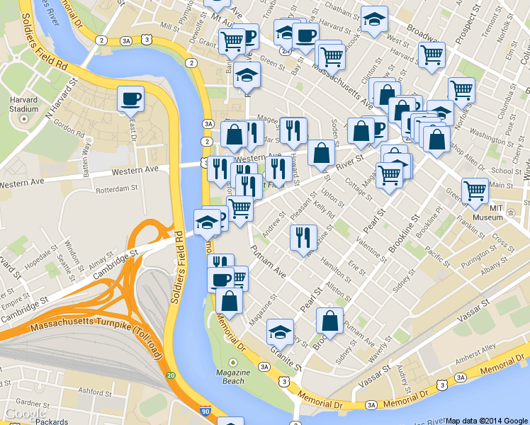 map of restaurants, bars, coffee shops, grocery stores, and more near 25 Andrew Street in Cambridge