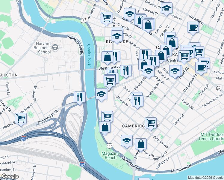 map of restaurants, bars, coffee shops, grocery stores, and more near 340 Putnam Avenue in Cambridge